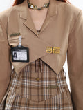 Zllkl Silis Brown Campus Style Vintage Plaid Pleated Mini Dress + Solid Color Khaki Cropped Blazer Jacket + Bow Brooch + Campus Badge Plaque Matching Set