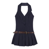 Zllkl Olivia Striped Navy Blue Slim Sleeveless V-neck Halter Neck Waist Belt Pleated A-line Mini Dress