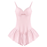 Zllkl Penelope Solid Color Pink V-Neck Spaghetti Strap Bow Design Slim Pleated Babydoll Summer Harajuku Mini Dress