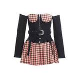 Zllkl Kianna Retro College Style Off-the-Shoulder Panels Waist Belt Plaid Pleated Mini Dress