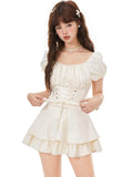 Zllkl Lala Solid Color Apricot Short Puffed Sleeve Lace Up Waist Double Layer Mini Dress