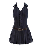 Zllkl Olivia Striped Navy Blue Slim Sleeveless V-neck Halter Neck Waist Belt Pleated A-line Mini Dress