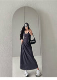 Zllkl Nia Solid Color U-Neck Cinched Waist Wide Strap Halter Slim Long Midi Dress