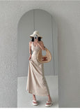 Zllkl Nia Solid Color U-Neck Cinched Waist Wide Strap Halter Slim Long Midi Dress