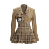 Zllkl Silis Brown Campus Style Vintage Plaid Pleated Mini Dress + Solid Color Khaki Cropped Blazer Jacket + Bow Brooch + Campus Badge Plaque Matching Set