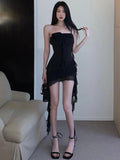 Zllkl Lily Solid Color Black Bandeau One-Shoulder Slip Tassel Slim Mini Dress