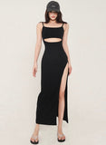 Zllkl May Solid Color Black Slim Spaghetti Strap Bandeau Cut-Out Long Slim Side Slit Dress