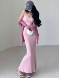 Zllkl Henna Solid Color Pink Spaghetti Straps Slim Fishtail Long Dress